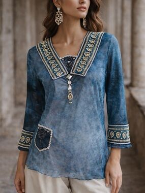 Zoey Beth Blue Sheer Embellished Tunic Top - Boho Festival Style - Size S/M